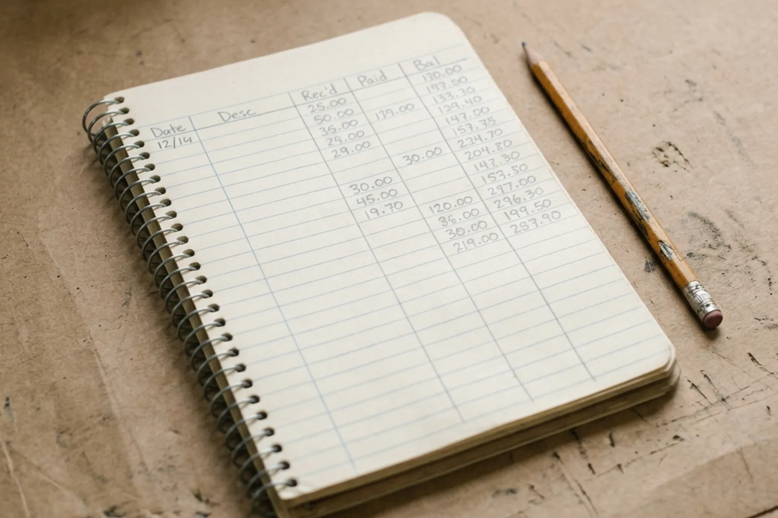 A handwritten spiral ledger notebook resting on a wooden workbench.